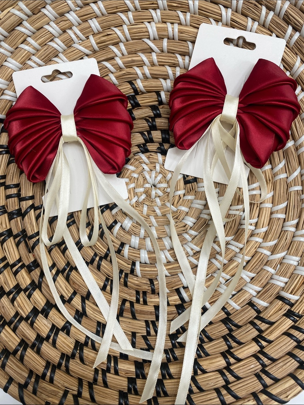 Kids Satin Bow Hair Clips with Cream Ribbon Tails - Burgundy